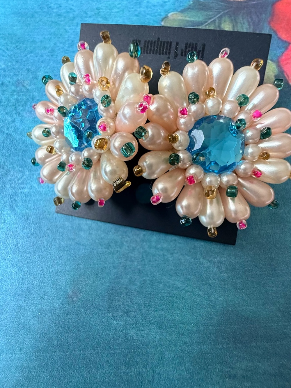 Pier 1 Pearl Flower Hair Clips with Blue Crystal Centers and Multicolor Beads